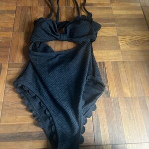 Black One Piece Swim Dress Scalloped Edge Women’s Swimsuit